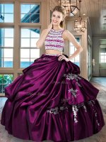 Top Selling Fuchsia Two Pieces Taffeta Scoop Sleeveless Beading and Appliques and Pick Ups Floor Length Backless Sweet 16 Dress(SKU SXQD040-2BIZ)