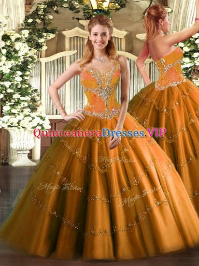 Sleeveless Tulle Floor Length Lace Up Sweet 16 Dresses in Orange with Beading - Click Image to Close