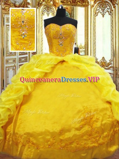 Chic Gold Sleeveless Brush Train Beading and Embroidery and Pick Ups Vestidos de Quinceanera - Click Image to Close