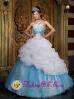 A-line Lovely Organza White and Baby Blue For Quinceanera Dress Halter Beading and Pick-ups IN Glion Switzerland