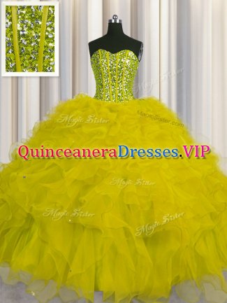 Hot Selling Visible Boning Sweetheart Sleeveless Lace Up Quince Ball Gowns Yellow Tulle
