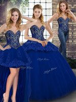 Wonderful Royal Blue Three Pieces Tulle Sweetheart Sleeveless Beading and Appliques Floor Length Lace Up 15 Quinceanera Dress