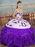 Custom Design White And Purple Organza Lace Up Sweetheart Sleeveless Floor Length Quinceanera Gowns Embroidery and Ruffles and Bowknot(SKU SJQDDT2146002-8BIZ)