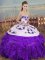 Custom Design White And Purple Organza Lace Up Sweetheart Sleeveless Floor Length Quinceanera Gowns Embroidery and Ruffles and Bowknot
