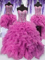 Custom Designed Four Piece Lilac 15 Quinceanera Dress Military Ball and Sweet 16 and Quinceanera with Ruffles and Sequins Sweetheart Sleeveless Lace Up