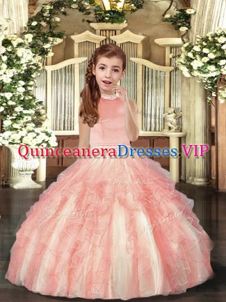 Beading and Ruffles Girls Pageant Dresses Peach Backless Sleeveless Floor Length