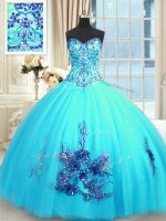 Baby Blue Ball Gowns Tulle Sweetheart Sleeveless Beading and Appliques and Embroidery Floor Length Lace Up Quince Ball Gowns