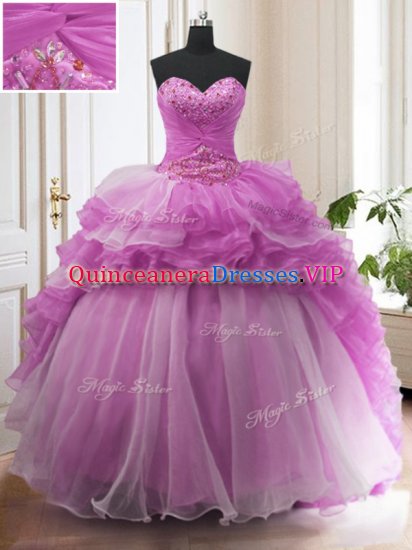 Lilac Organza Lace Up Sweetheart Sleeveless With Train Quince Ball Gowns Sweep Train Beading and Ruffled Layers - Click Image to Close