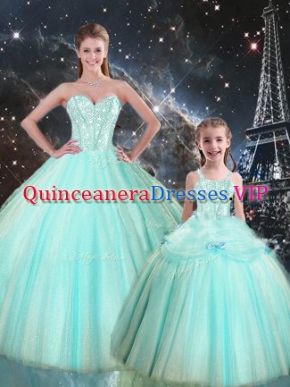 Perfect Turquoise Lace Up Sweetheart Beading Ball Gown Prom Dress Tulle Sleeveless