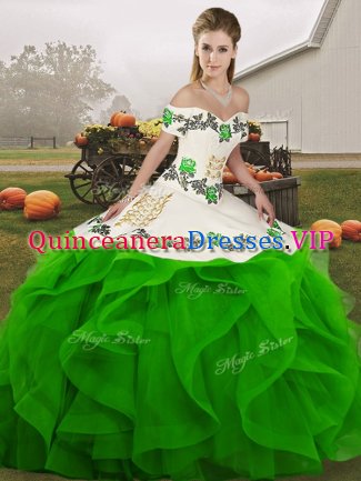Green Off The Shoulder Neckline Embroidery and Ruffles Ball Gown Prom Dress Sleeveless Lace Up