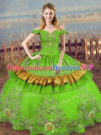 Satin Sleeveless Floor Length Ball Gown Prom Dress and Embroidery