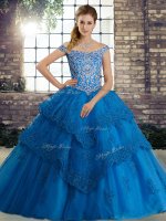 Popular Lace Up Sweet 16 Dresses Blue for Military Ball and Sweet 16 and Quinceanera with Beading and Lace Brush Train