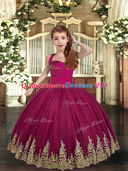 Burgundy Ball Gowns Tulle Straps Sleeveless Embroidery Floor Length Lace Up Kids Formal Wear - Click Image to Close