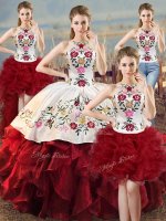 White And Red Organza Lace Up 15 Quinceanera Dress Sleeveless Floor Length Embroidery and Ruffles(SKU SWQD301MTTZA2ABIZ)