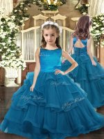 Latest Teal Scoop Lace Up Ruffled Layers Pageant Dress for Girls Sleeveless
