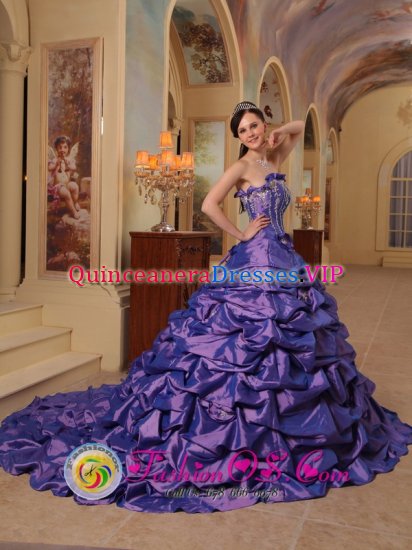 Pisba colombia Eggplant Purple Appliques Decorate Bust Hand Made Flowers Quinceanera Gowns With Pick-ups And Chapel Train - Click Image to Close