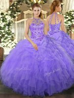 Deluxe Lavender Ball Gowns Halter Top Sleeveless Organza Floor Length Lace Up Beading and Ruffles 15 Quinceanera Dress