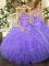 Deluxe Lavender Ball Gowns Halter Top Sleeveless Organza Floor Length Lace Up Beading and Ruffles 15 Quinceanera Dress