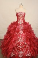 Beautiful ball gown strapless floor-length organza wine red embroidery quinceanera dresses with rolling flowers FA-X-077(SKU FAo14X37)