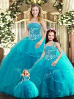 Best Selling Sleeveless Floor Length Beading and Ruffles Lace Up Quinceanera Gown with Aqua Blue