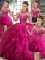 Exceptional Halter Top Sleeveless 15th Birthday Dress Floor Length Beading and Ruffles Fuchsia Tulle