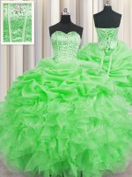 Great Visible Boning Green Sweetheart Lace Up Beading and Ruffles and Pick Ups Sweet 16 Dresses Sleeveless