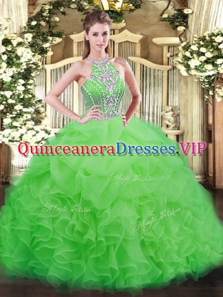 Modest Tulle Halter Top Sleeveless Lace Up Beading and Ruffles Quinceanera Dress in