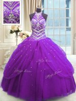 Purple High-neck Lace Up Beading 15 Quinceanera Dress Sleeveless
