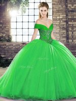 Attractive Beading Sweet 16 Dress Green Lace Up Sleeveless Brush Train