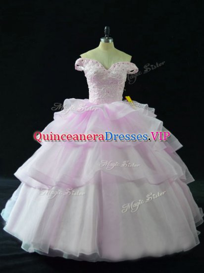 Lace Up Quinceanera Dresses Lilac and In with Beading and Ruffled Layers Brush Train - Click Image to Close