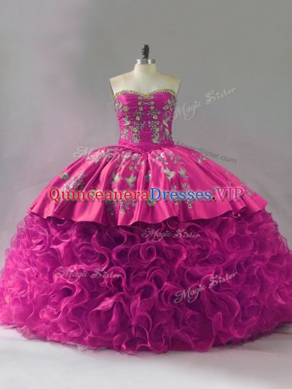 Customized Ball Gowns 15th Birthday Dress Fuchsia Sweetheart Fabric With Rolling Flowers Sleeveless Floor Length Lace Up - Click Image to Close