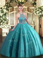 Teal Halter Top Neckline Beading and Appliques 15th Birthday Dress Sleeveless Lace Up