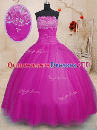 Elegant Strapless Sleeveless Lace Up Sweet 16 Quinceanera Dress Fuchsia Tulle