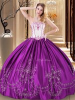 Amazing Strapless Sleeveless Quince Ball Gowns Floor Length Embroidery Purple Taffeta