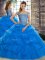 Sleeveless Beading and Pick Ups Lace Up Vestidos de Quinceanera with Blue Brush Train