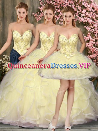 Simple Light Yellow Sweetheart Neckline Beading and Ruffles Quinceanera Dress Sleeveless Lace Up
