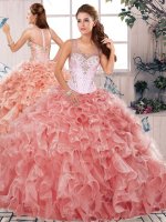 Spectacular Beading and Ruffles Sweet 16 Quinceanera Dress Watermelon Red Clasp Handle Sleeveless Floor Length(SKU SJQDDT2097002BIZ)