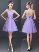Classical Halter Top Sleeveless Tulle Mini Length Lace Up Quinceanera Court Dresses in Lavender with Lace and Appliques