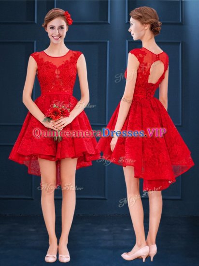 Scoop Red Sleeveless High Low Lace Lace Up Dama Dress for Quinceanera - Click Image to Close