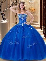 Free and Easy Tulle Sweetheart Sleeveless Lace Up Beading and Embroidery Ball Gown Prom Dress in Royal Blue