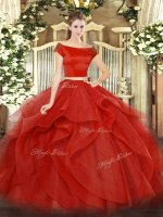 Short Sleeves Floor Length Appliques and Ruffles Zipper 15 Quinceanera Dress with Red