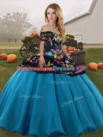Blue And Black Off The Shoulder Lace Up Embroidery Quinceanera Dresses Sleeveless - Click Image to Close