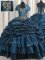 Sophisticated Taffeta Sweetheart Sleeveless Brush Train Lace Up Beading and Appliques and Pick Ups 15th Birthday Dress in Navy Blue