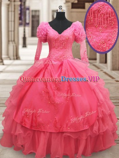 Ruffled Floor Length Pink Quinceanera Dresses V-neck Half Sleeves Zipper - Click Image to Close