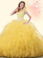 Floor Length Ball Gowns Sleeveless Yellow Quince Ball Gowns Backless