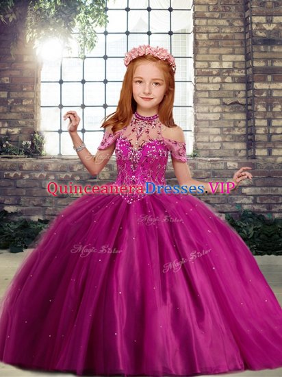 Inexpensive Fuchsia Ball Gowns Tulle High-neck Sleeveless Beading Floor Length Lace Up Little Girl Pageant Gowns - Click Image to Close