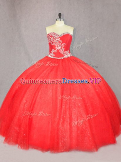 Beauteous Red Tulle Lace Up Sweet 16 Dress Sleeveless Floor Length Beading - Click Image to Close