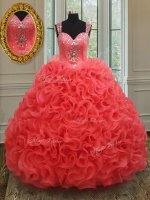 Fine Straps Sleeveless Floor Length Beading Zipper 15 Quinceanera Dress with Coral Red(SKU PSSW015BIZ)