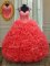 Fine Straps Sleeveless Floor Length Beading Zipper 15 Quinceanera Dress with Coral Red
