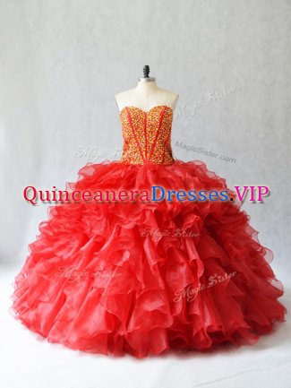 Red Ball Gowns Sweetheart Sleeveless Organza Floor Length Lace Up Beading and Ruffles Quinceanera Dress